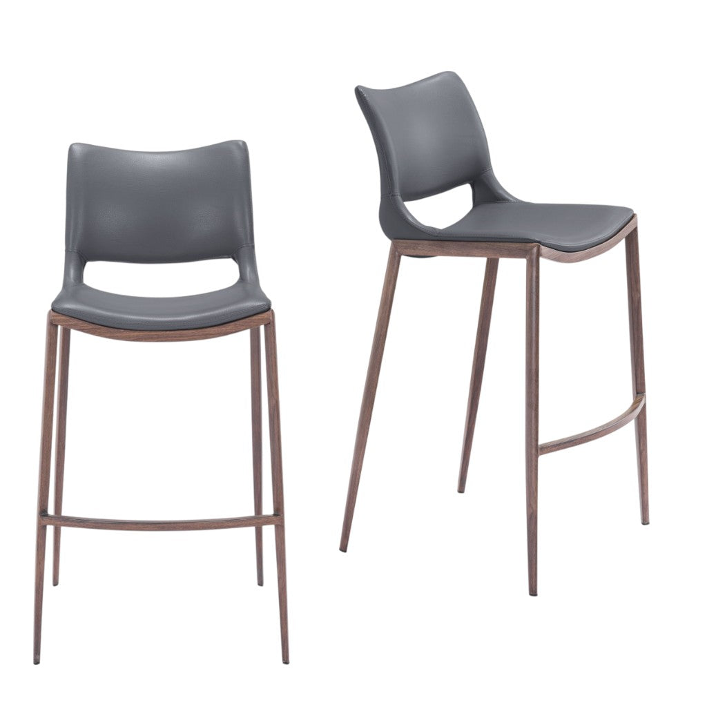 Set of Two 29" Dark Gray and Walnut Faux Leather and Steel Low Back Counter Height Bar Chairs-1