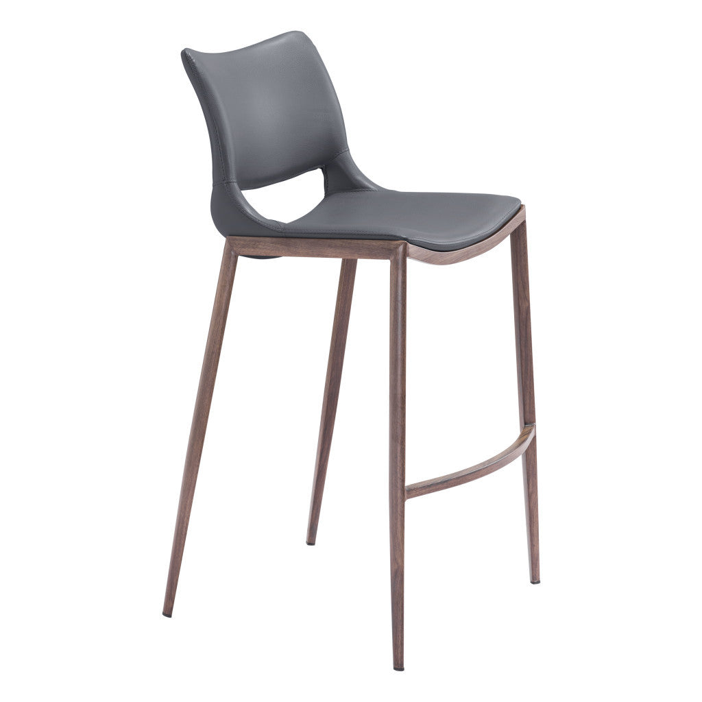Set of Two 29" Dark Gray and Walnut Faux Leather and Steel Low Back Counter Height Bar Chairs-2