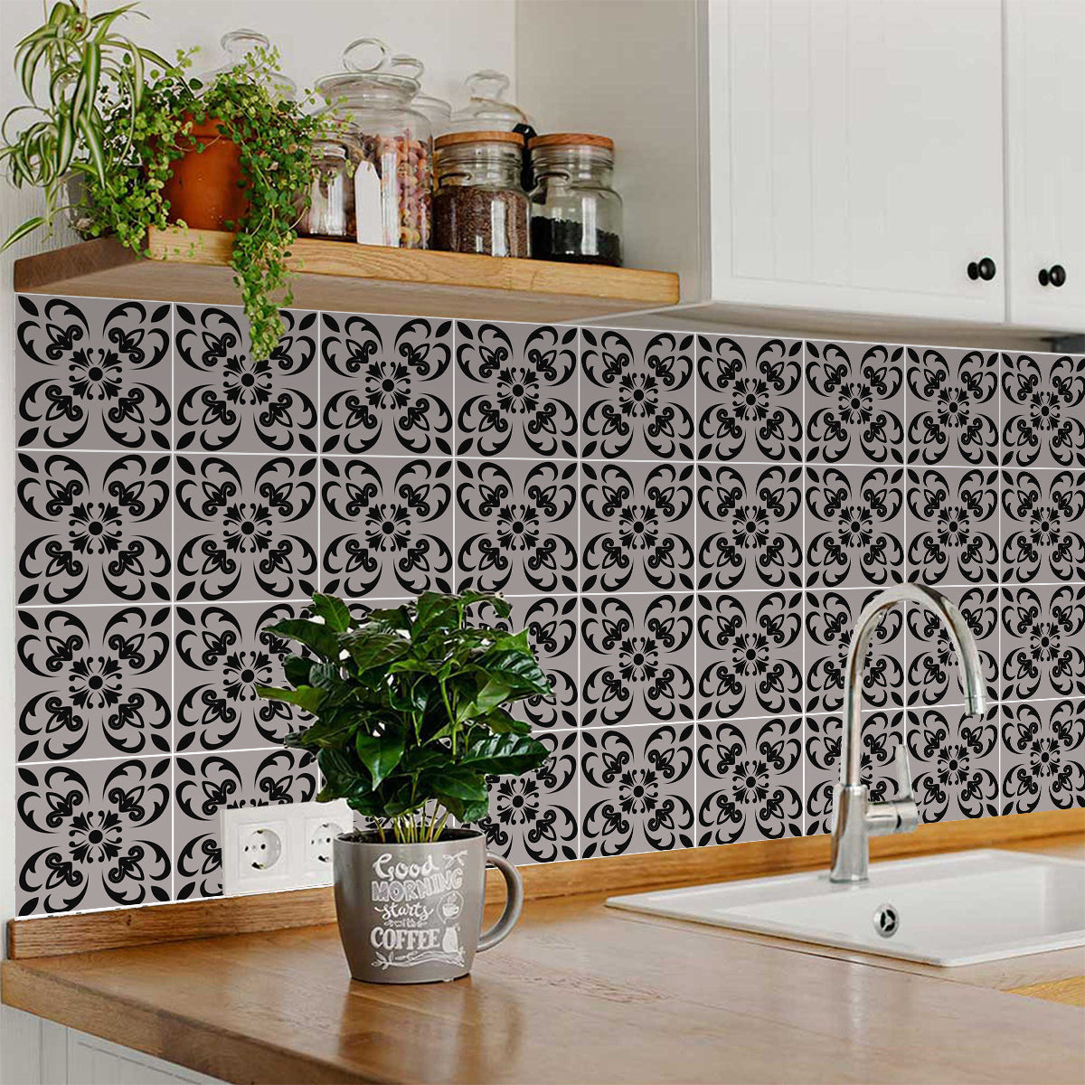 12" X 12" Black and White Orchid Peel and Stick Removable Tiles-3