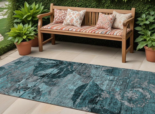 2' X 8' Teal and Gray Abstract Washable Indoor Outdoor Runner Rug-0