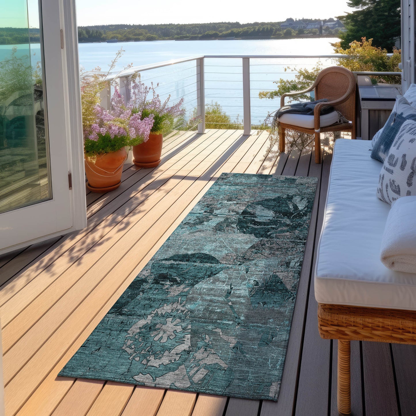 2' X 8' Teal and Gray Abstract Washable Indoor Outdoor Runner Rug-6