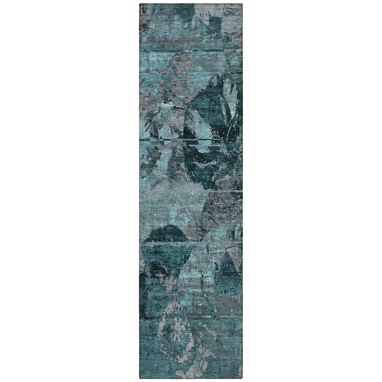 2' X 8' Teal and Gray Abstract Washable Indoor Outdoor Runner Rug-1