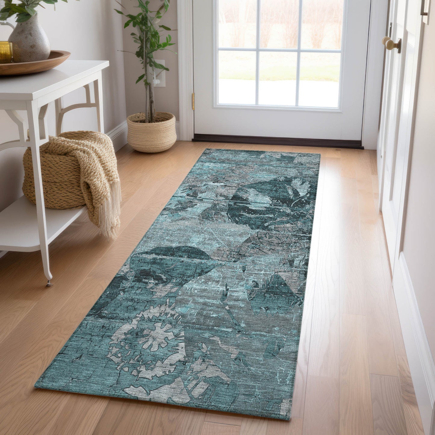 2' X 8' Teal and Gray Abstract Washable Indoor Outdoor Runner Rug-7