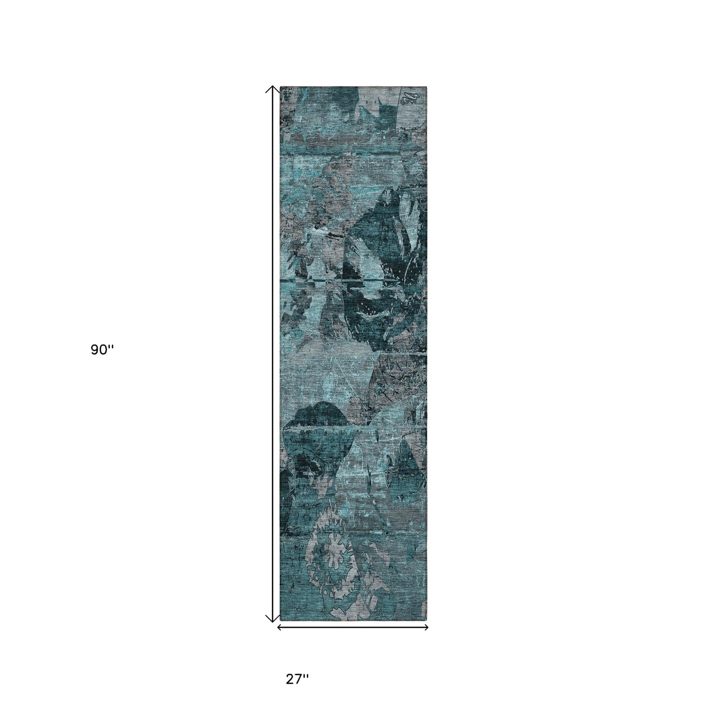 2' X 8' Teal and Gray Abstract Washable Indoor Outdoor Runner Rug-2