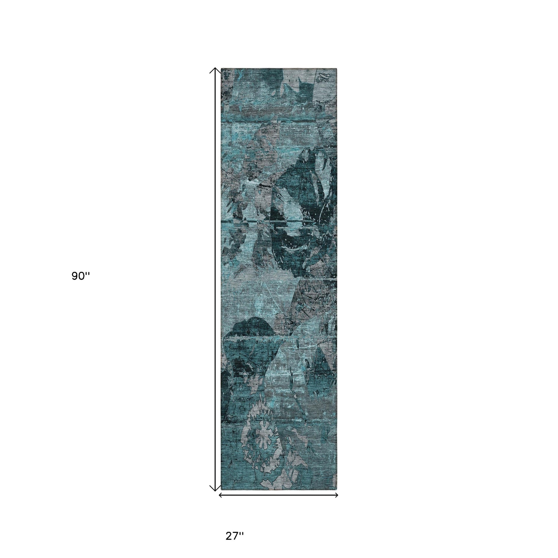 2' X 8' Teal and Gray Abstract Washable Indoor Outdoor Runner Rug-2