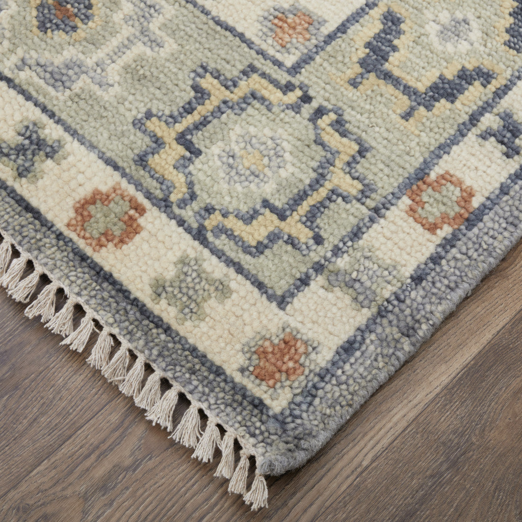 12' Gray Blue and Taupe Wool Geometric Hand Knotted Runner Rug With Fringe-4