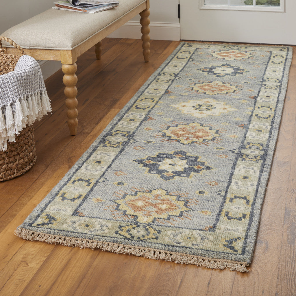 12' Gray Blue and Taupe Wool Geometric Hand Knotted Runner Rug With Fringe-5