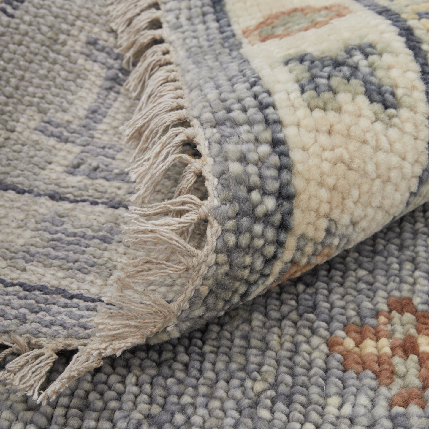 12' Gray Blue and Taupe Wool Geometric Hand Knotted Runner Rug With Fringe-7