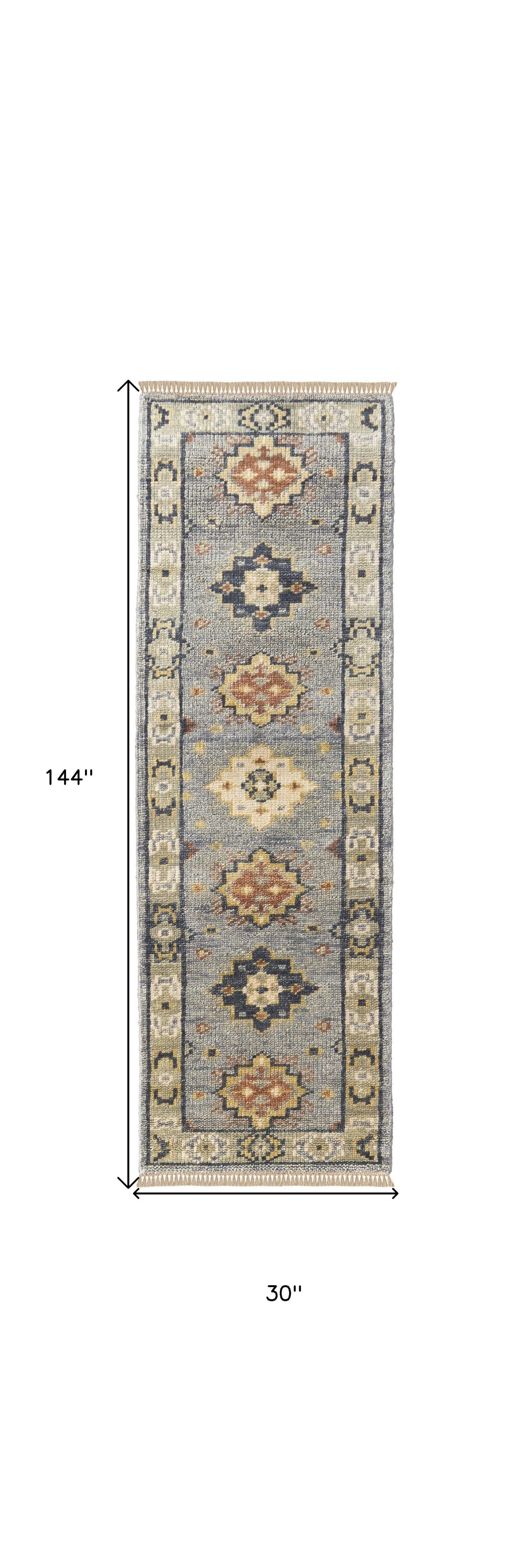 12' Gray Blue and Taupe Wool Geometric Hand Knotted Runner Rug With Fringe-2