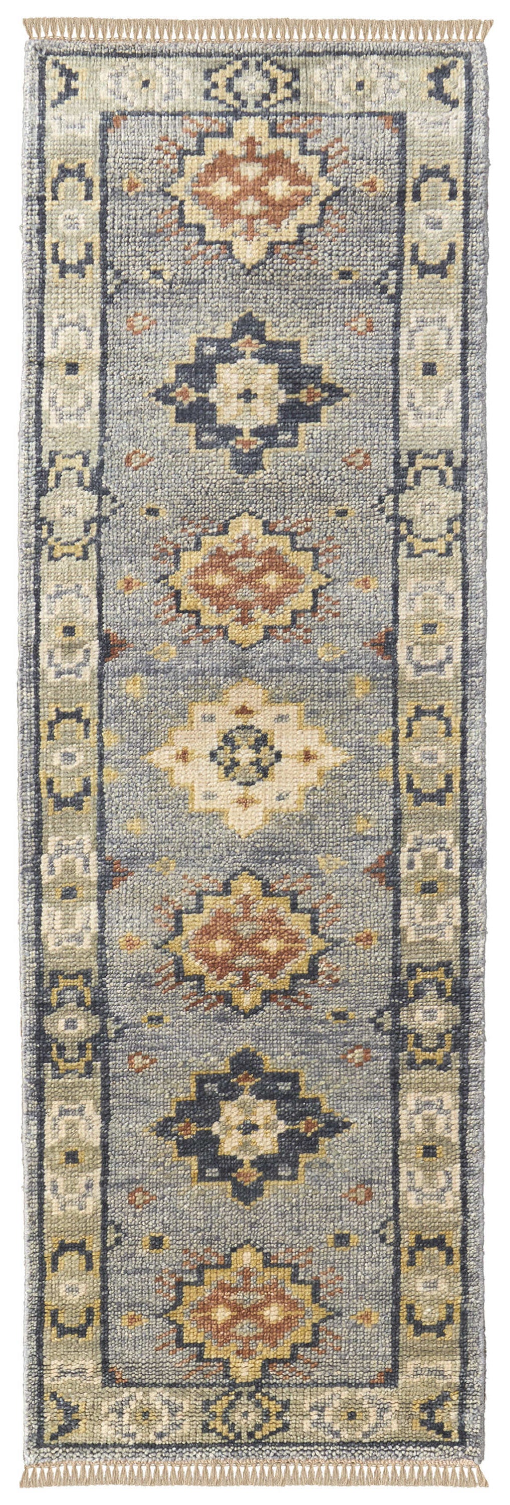 12' Gray Blue and Taupe Wool Geometric Hand Knotted Runner Rug With Fringe-1
