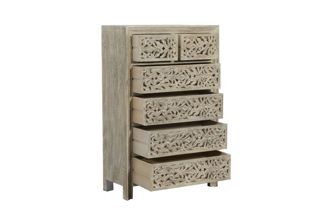 35" Gray Carved Floral Solid Wood Six Drawer Dresser-2