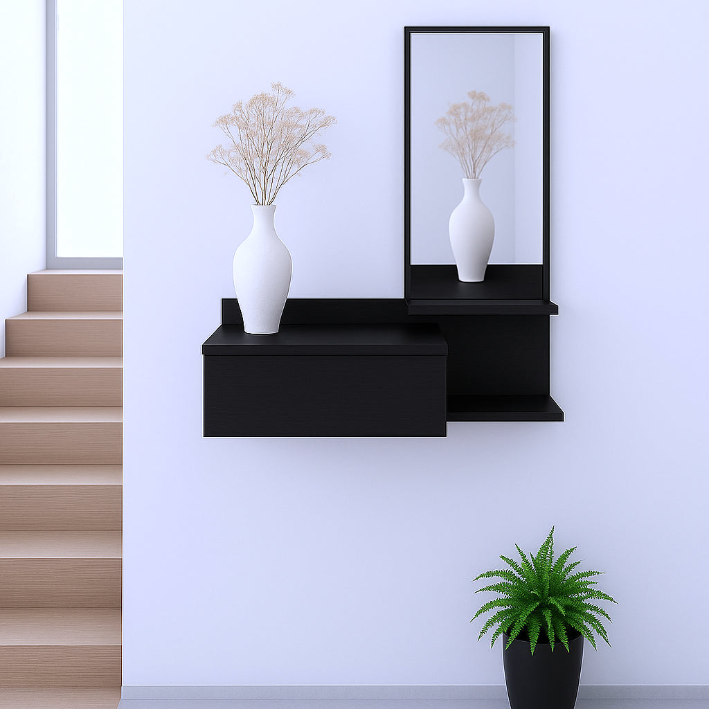 36" Black Wood Wall Mounted Accent Cabinet With Drawer And Mirror-0