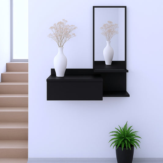 36" Black Wood Wall Mounted Accent Cabinet With Drawer And Mirror-0