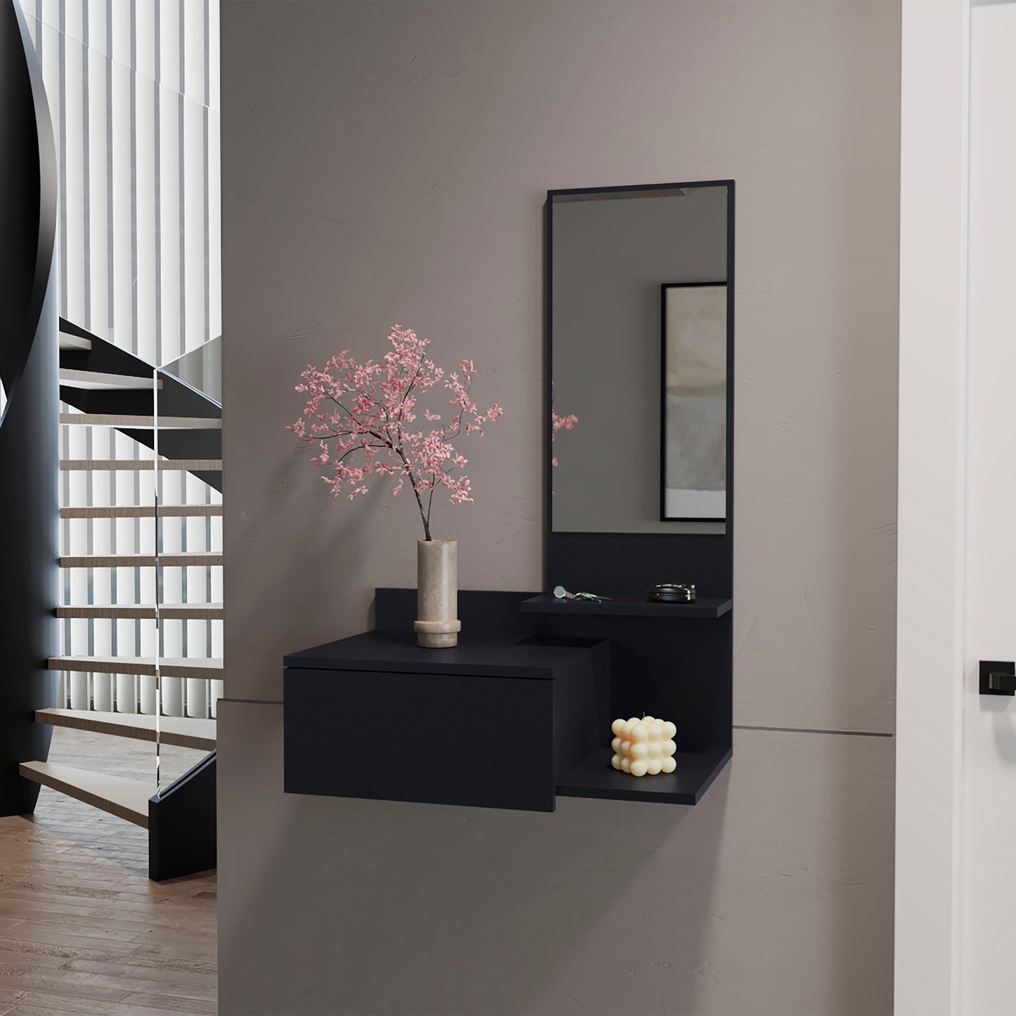 36" Black Wood Wall Mounted Accent Cabinet With Drawer And Mirror-5