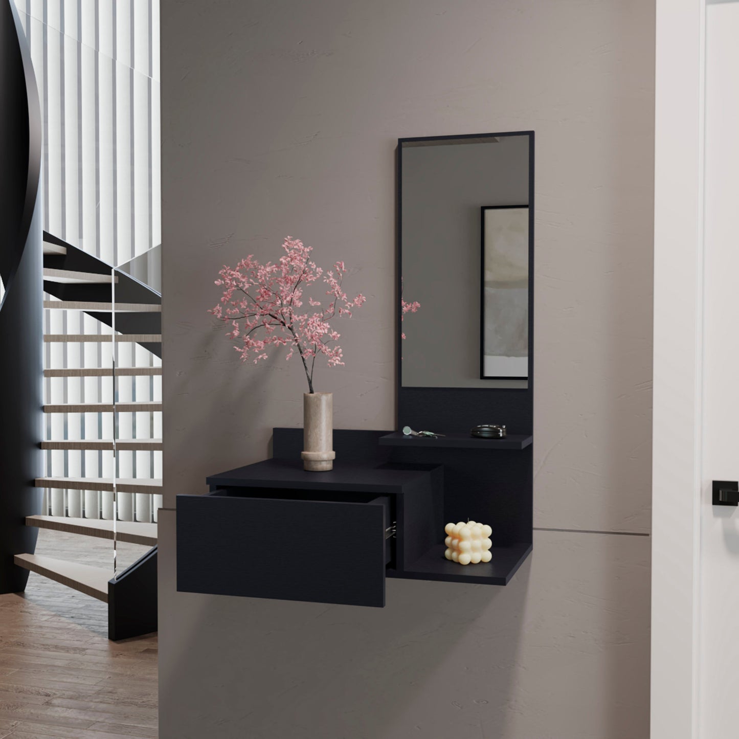 36" Black Wood Wall Mounted Accent Cabinet With Drawer And Mirror-6