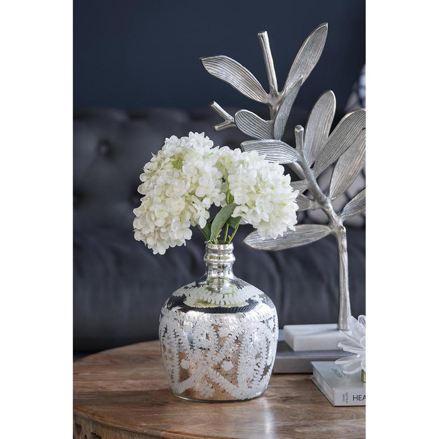10" Silver Floral Round Glass Table Vase-5