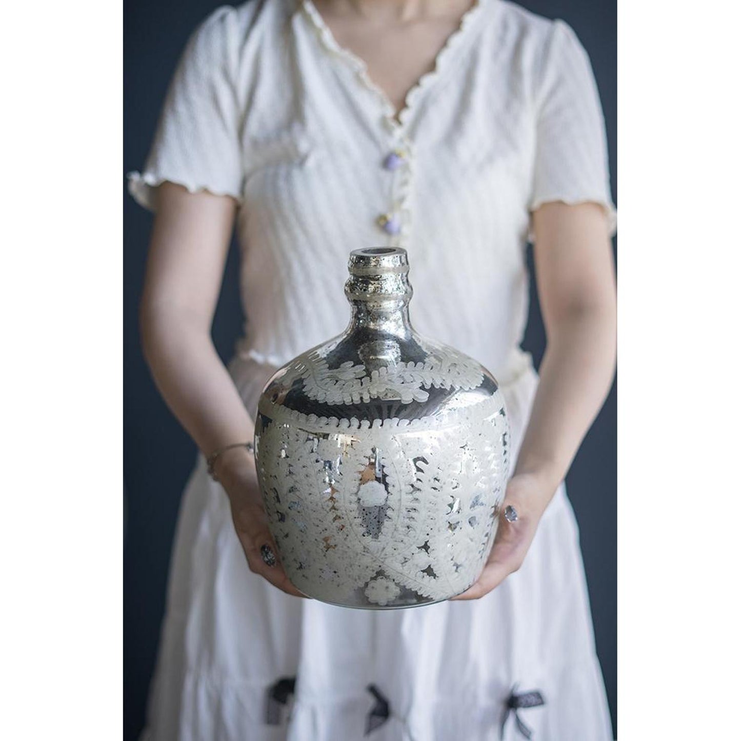 10" Silver Floral Round Glass Table Vase-6