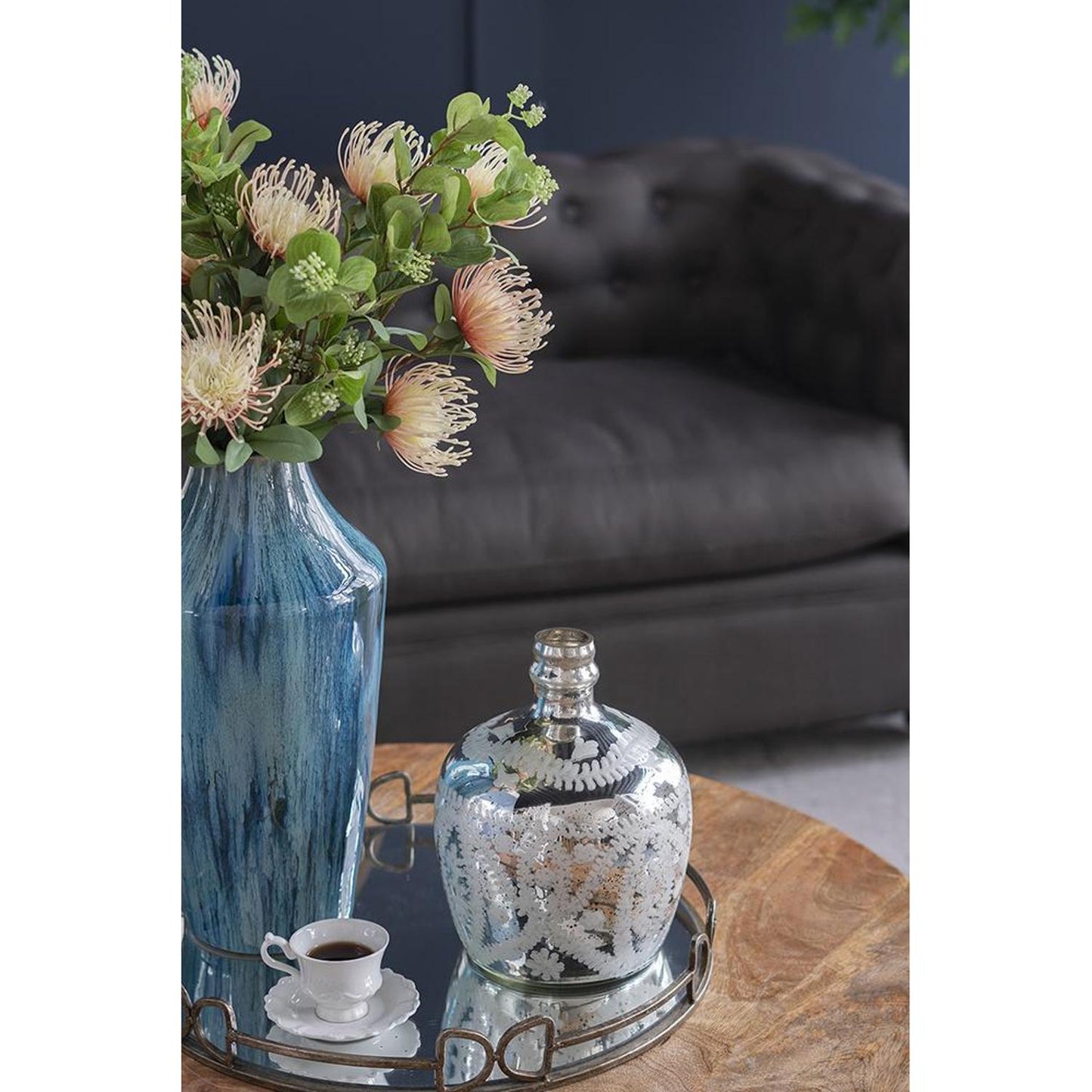10" Silver Floral Round Glass Table Vase-2