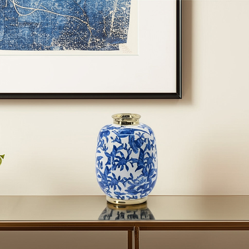 11" Blue And White Floral Round Porcelain Table Vase-1