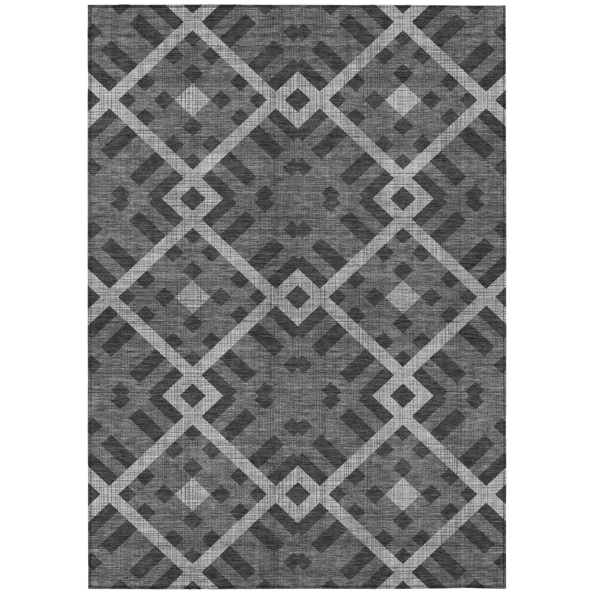 3' X 5' Charcoal Gray And Silver Geometric Washable Indoor Outdoor Area Rug-1