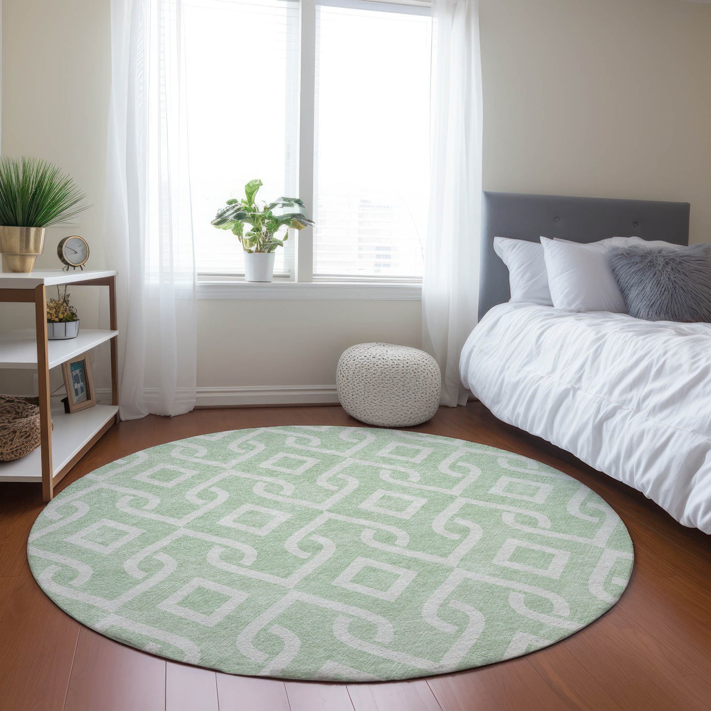 8' Mint Green And Ivory Round Geometric Washable Indoor Outdoor Area Rug-7