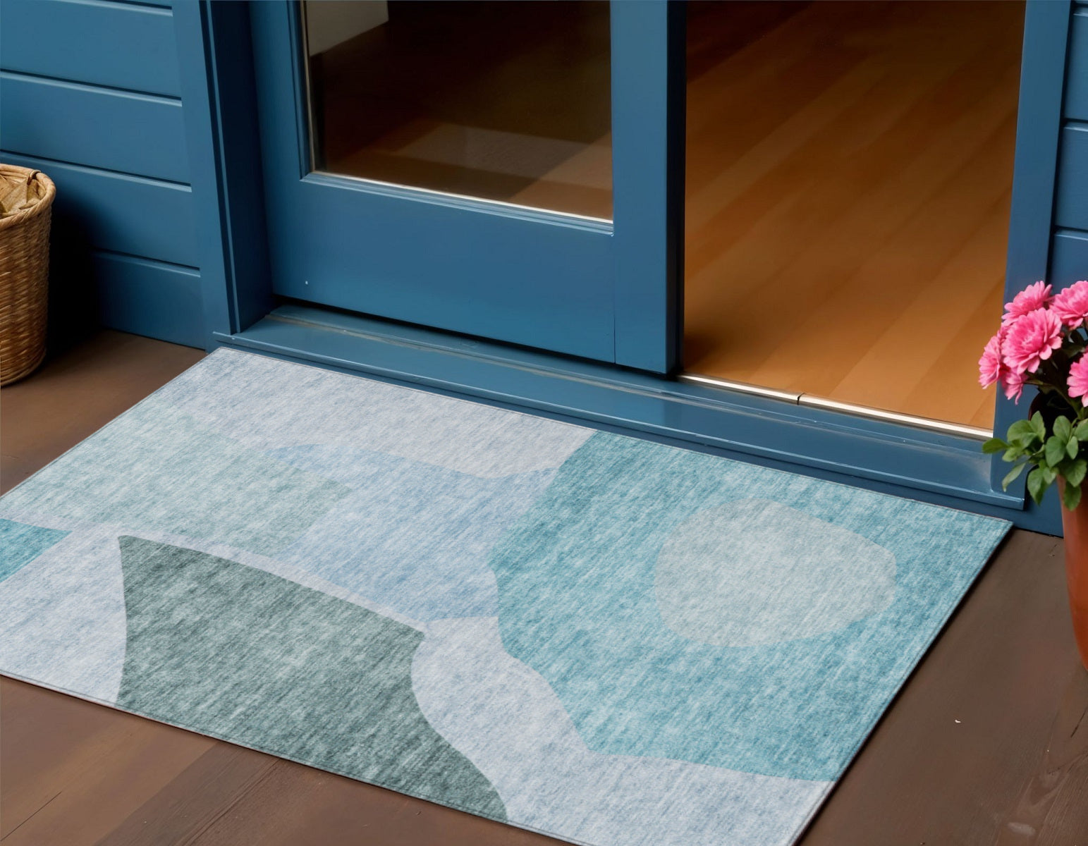 3' X 5' Teal Blue Artichoke Green And Blue Abstract Washable Indoor Outdoor Area Rug-0