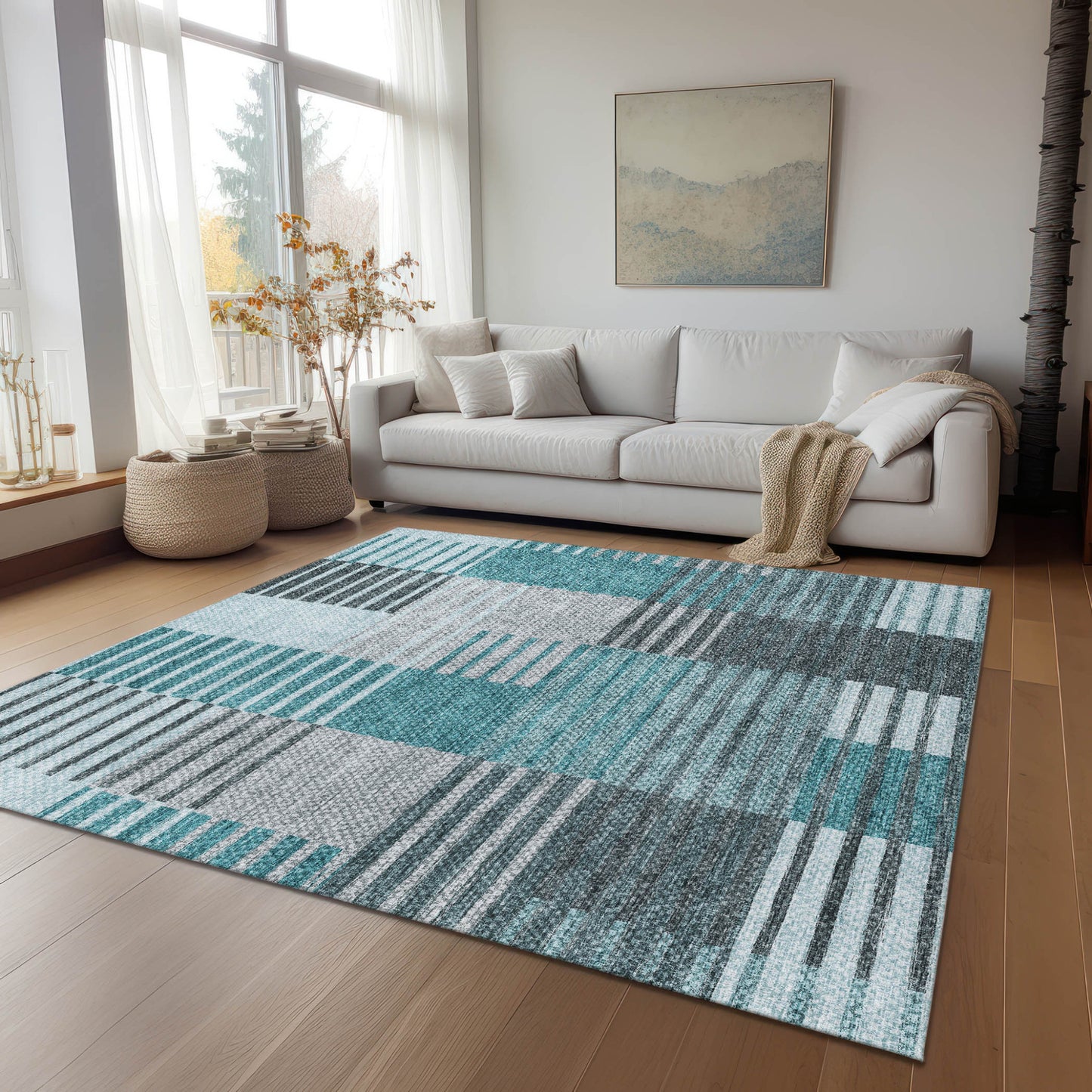 8' X 10' Teal Blue Aqua And Gray Striped Washable Indoor Outdoor Area Rug-8