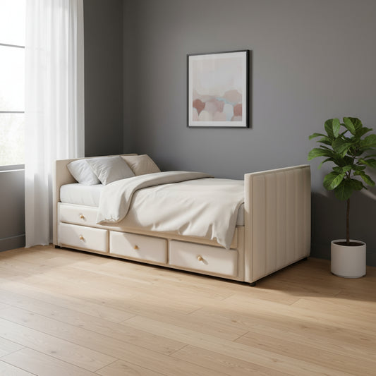 Beige Tufted Velvet Upholstered Twin Day Bed With Trundle And Drawers-0