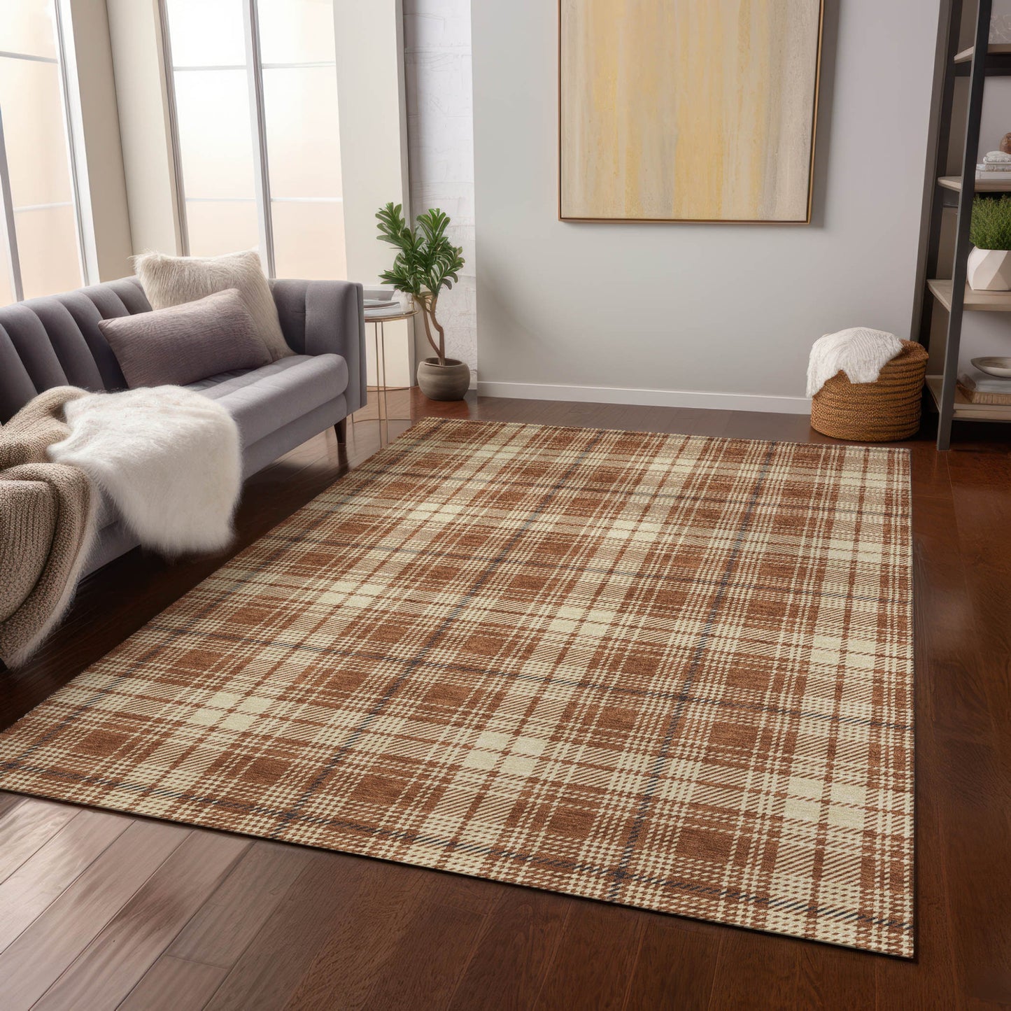 9' X 12' Brown Black And Beige Plaid Washable Indoor Outdoor Area Rug-8