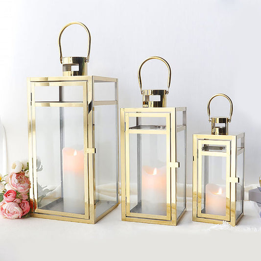 19''&15''&12'' H Stainless Steel Metal Candle Lantern  Candle Holder with Clear Glass Panels(Set of 3 Gold)-0