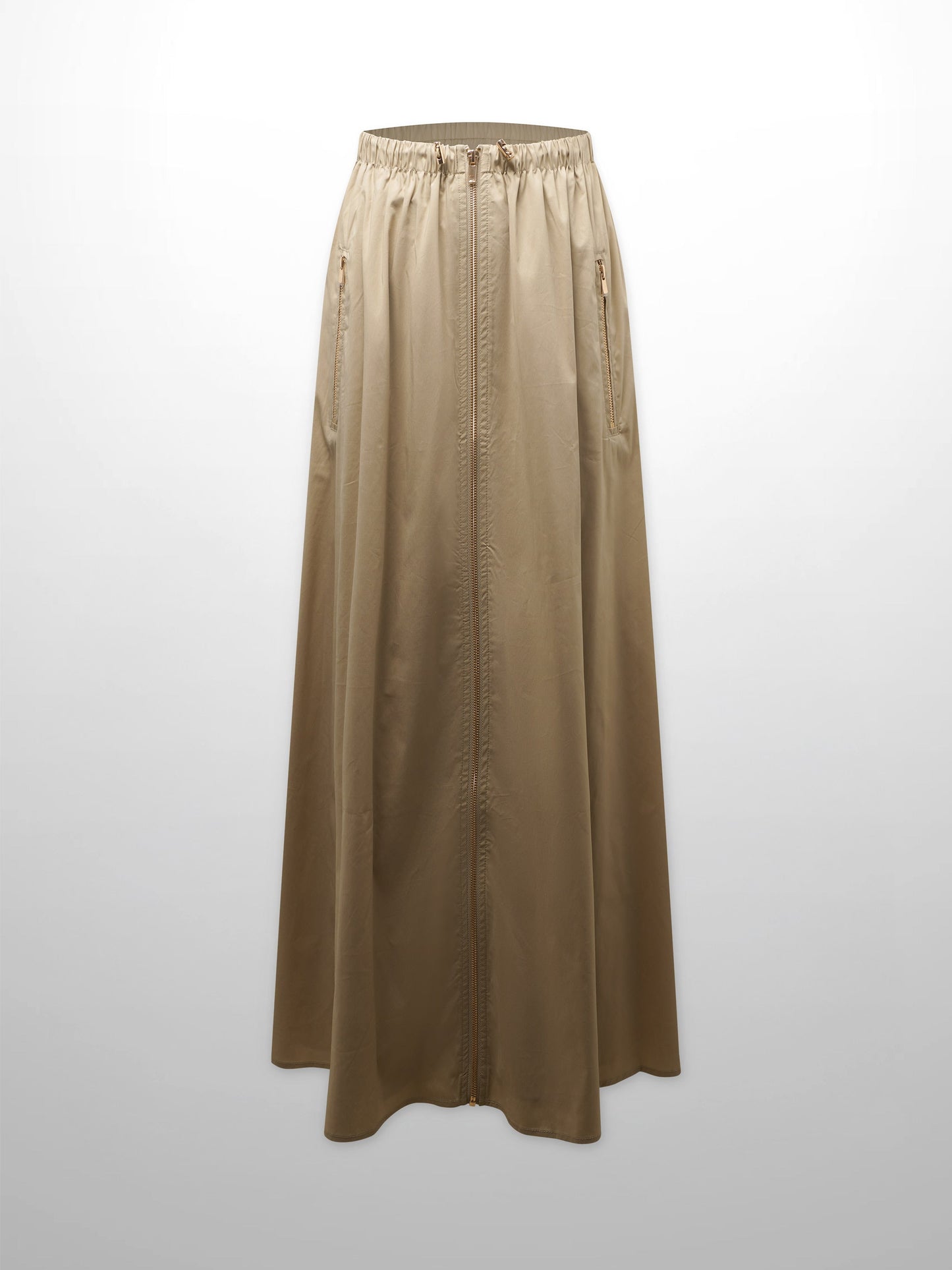 Front Zipper Cotton Circle Skirt-Tan-1