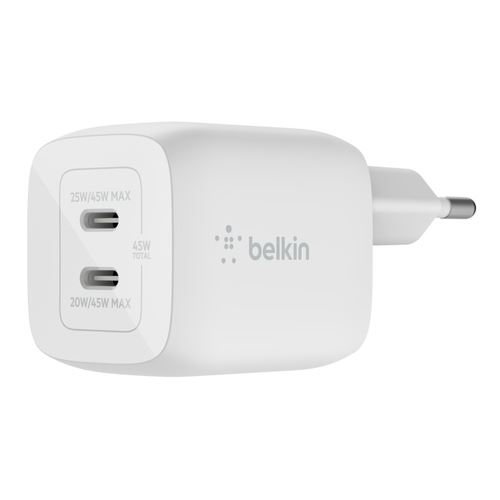 Incarcator de perete, Belkin, Dual USB-C PD 3.0 PPS GaN 45W, alb (WCH011VFWH)-0