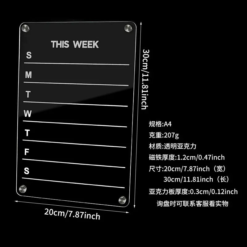 Acrylic Writable Dry Erase Weekly Meal Planner Board