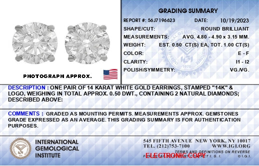 AGS Certified 14K White Gold 1.0 Cttw 4-Prong Set Brilliant Round-Cut Solitaire Diamond Push Back Stud Earrings (E-F Color, I1-I2 Clarity)-3