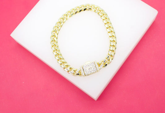 18K Gold Filled 7mm Thick Curb Cuban Chain Bracelet With CZ Clasp-0