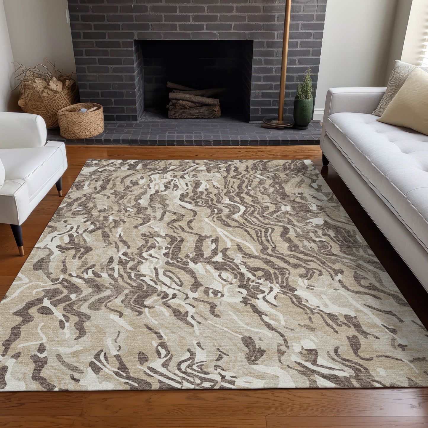 9' X 12' Beige Brown And Ivory Abstract Washable Indoor Outdoor Area Rug-8