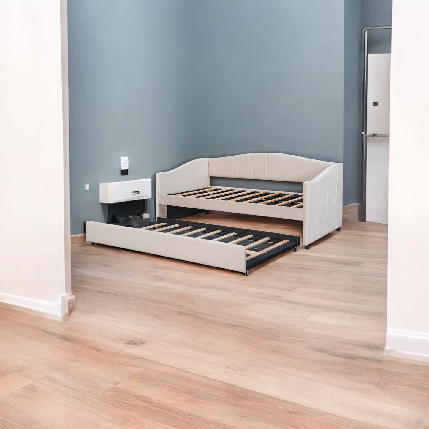 Beige Upholstered Twin Bed Frame With Trundle-1