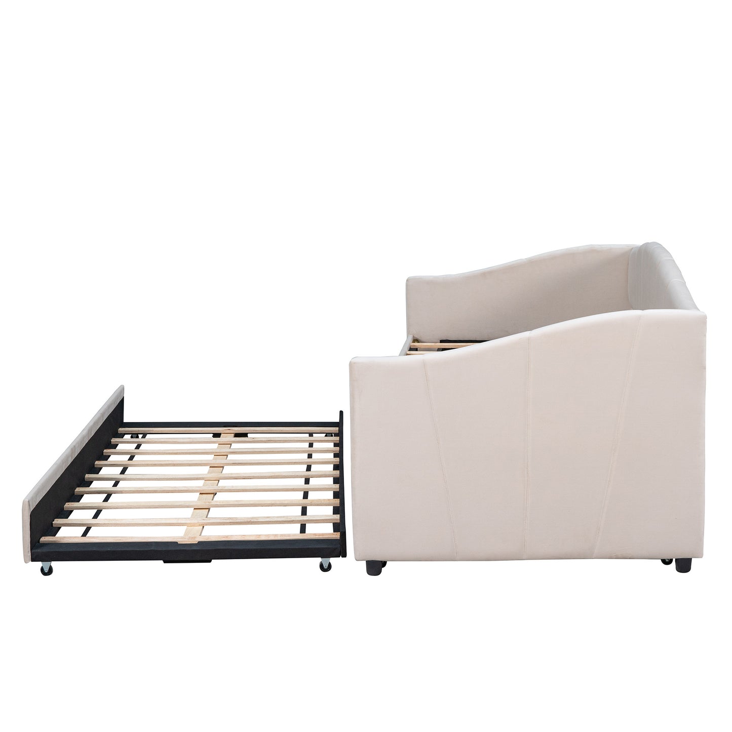 Beige Upholstered Twin Bed Frame With Trundle-5