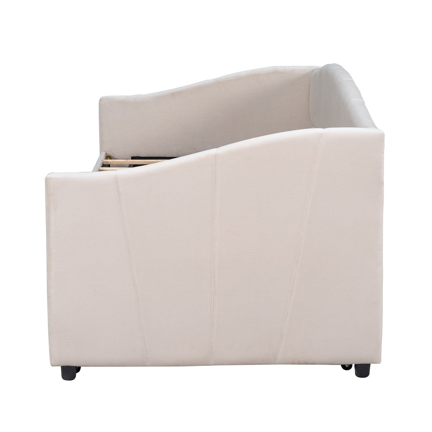 Beige Upholstered Twin Bed Frame With Trundle-2