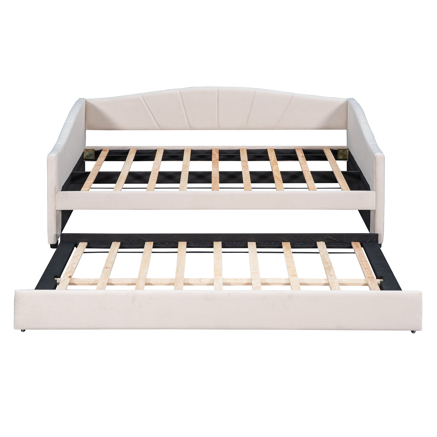 Beige Upholstered Twin Bed Frame With Trundle-3