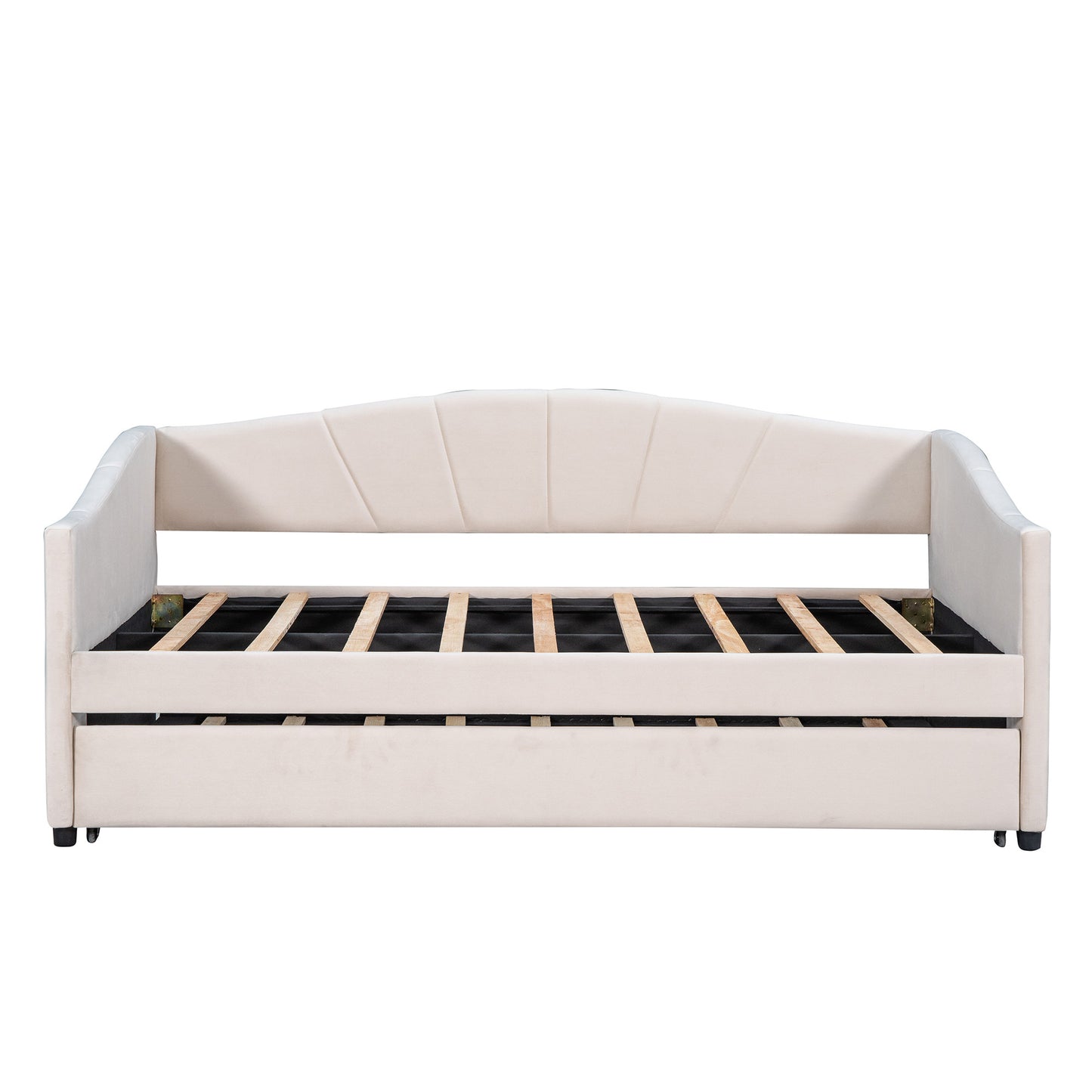 Beige Upholstered Twin Bed Frame With Trundle-4