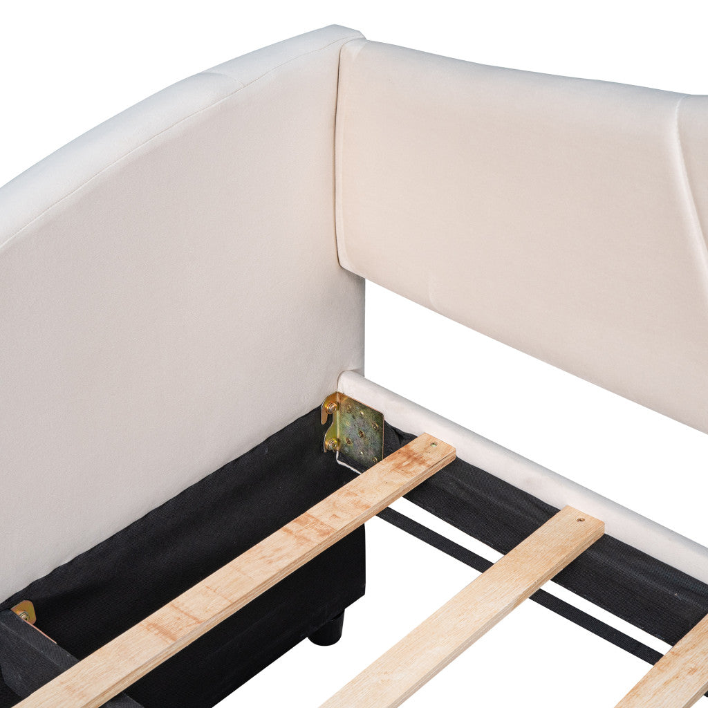 Beige Upholstered Twin Bed Frame With Trundle-7
