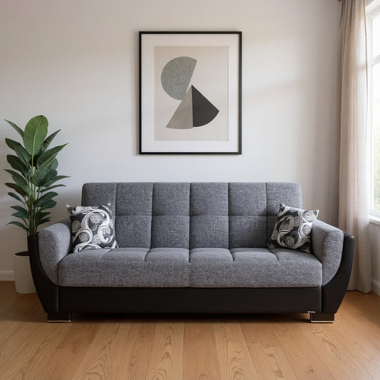 93" Black And Gray Chenille And Faux Leather Convertible Futon Sleeper Sofa With Toss Pillows And Storage-0