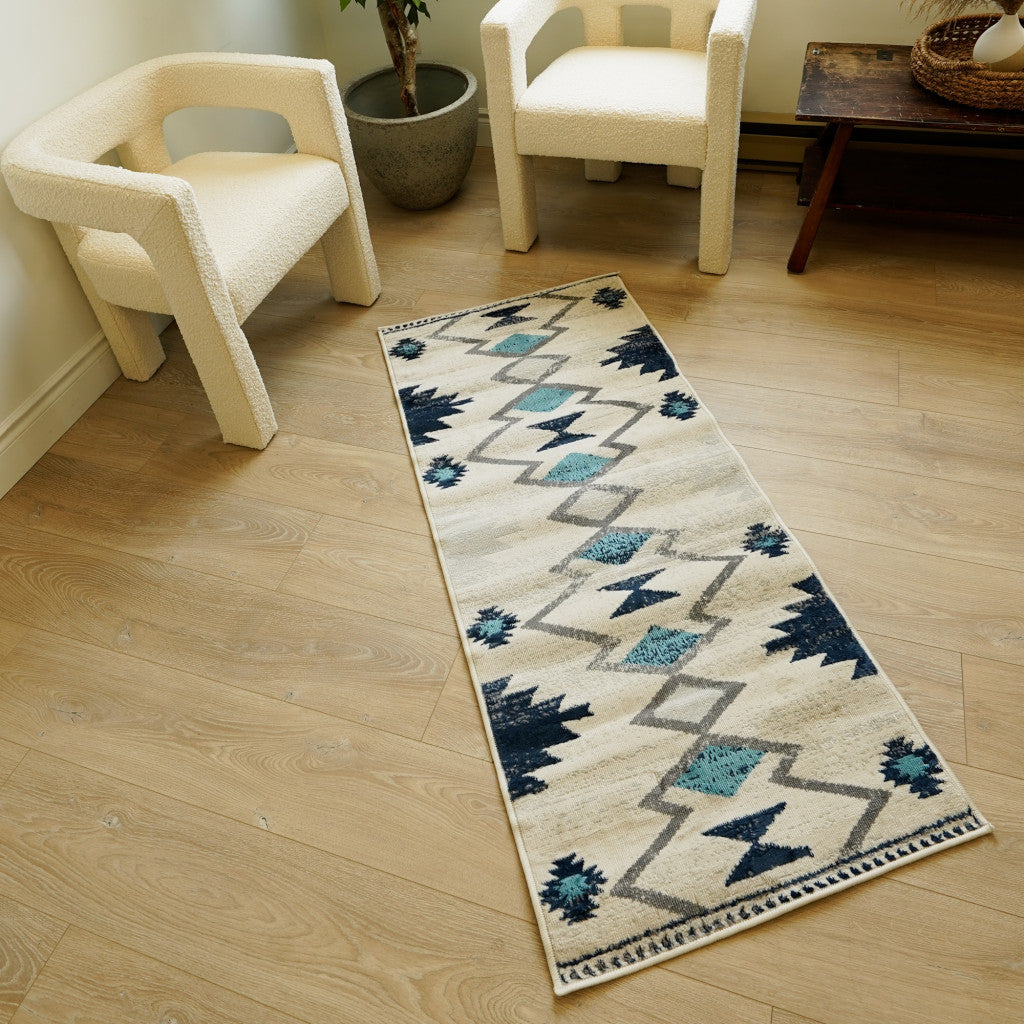 19' Runner Blue Beige And Gray Southwestern Runner Rug-4