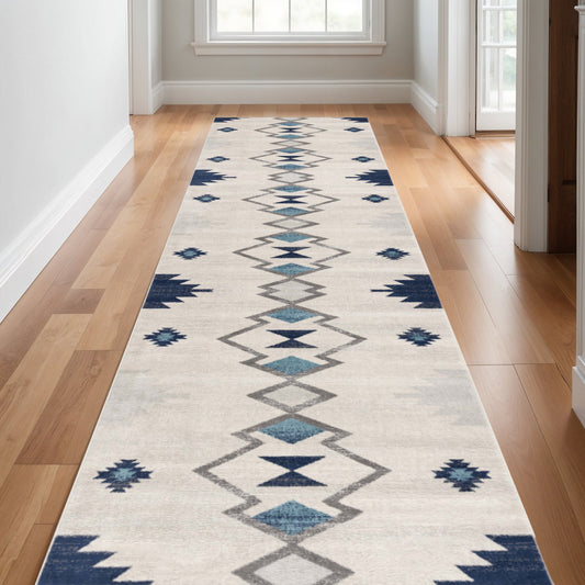 19' Runner Blue Beige And Gray Southwestern Runner Rug-0