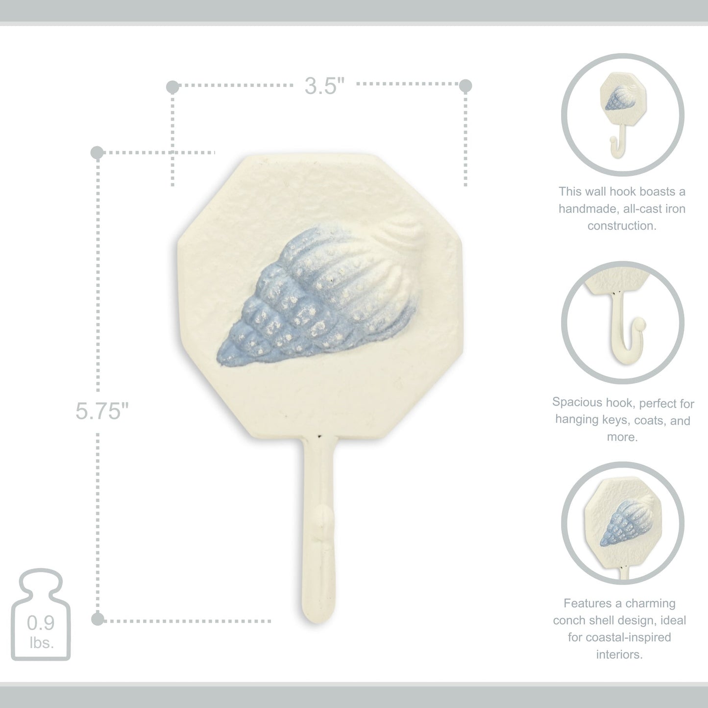 4" Blue And Cream Cast Iron Conch Shell Wall Hook-7