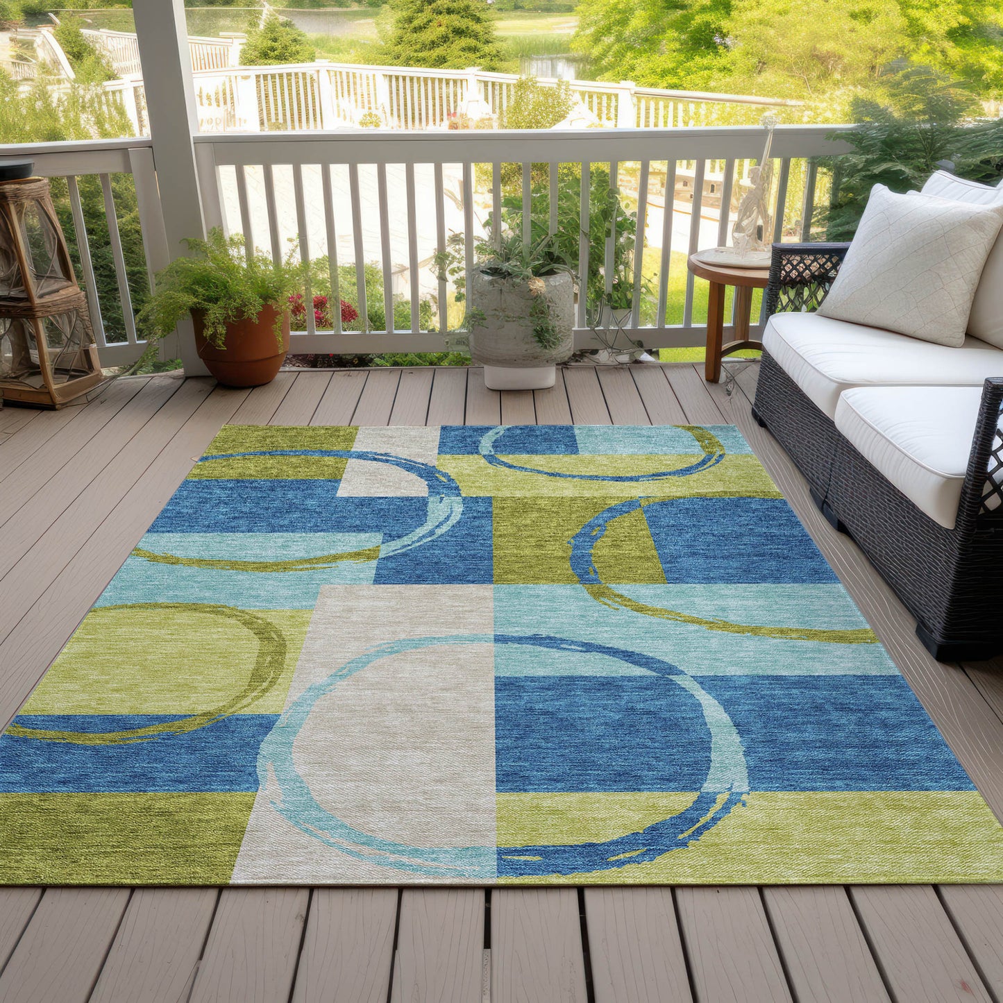 5' X 8' Denim Blue And Lime Green Geometric Washable Indoor Outdoor Area Rug-6