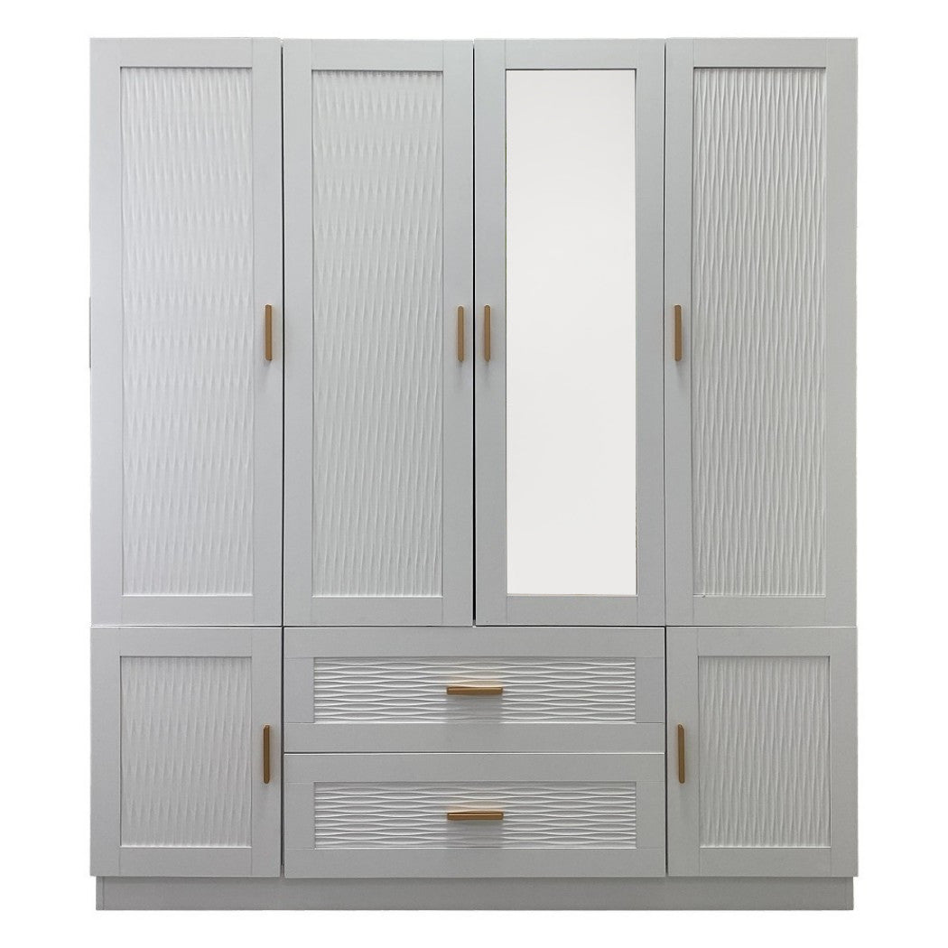 75" White Ribbed Texture Wood Mirrored Six Door Two Drawer Combo Dresser-1
