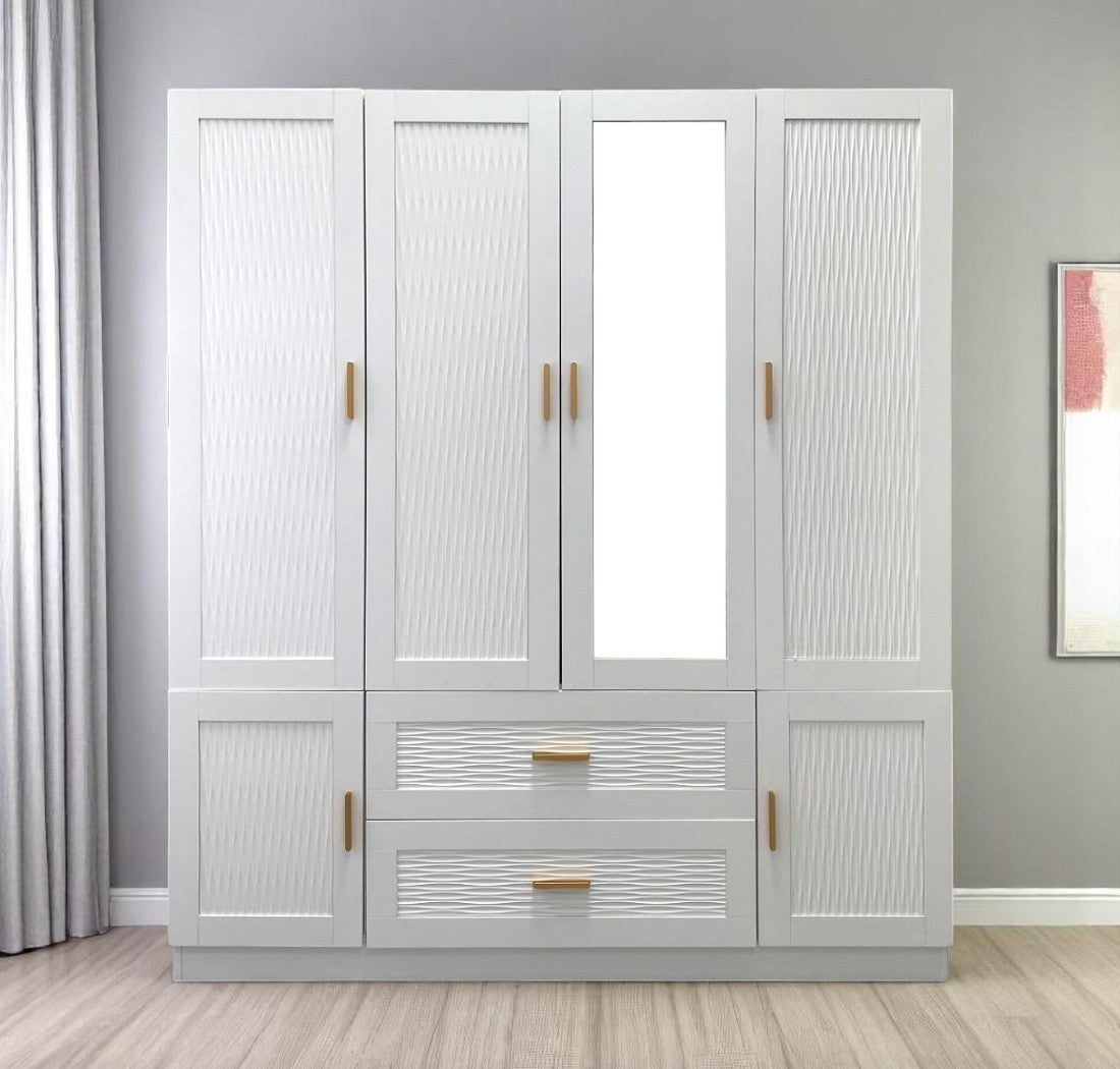 75" White Ribbed Texture Wood Mirrored Six Door Two Drawer Combo Dresser-0