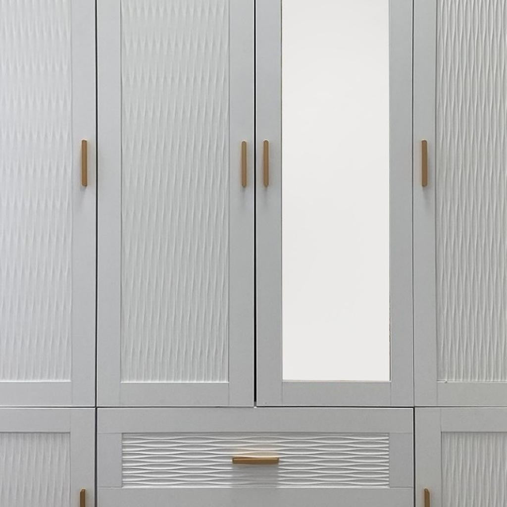 75" White Ribbed Texture Wood Mirrored Six Door Two Drawer Combo Dresser-2